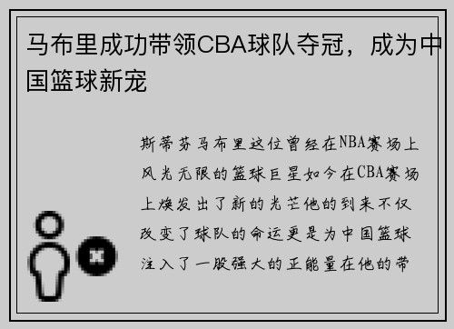 马布里成功带领CBA球队夺冠，成为中国篮球新宠